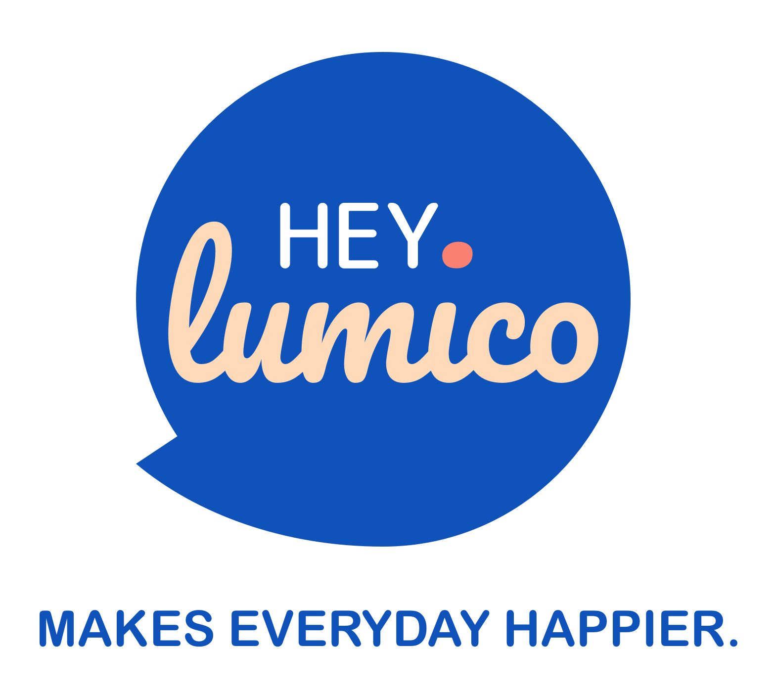 Logo von hey.lumico in der Farbe Kornblumenblau mit Claim MAKES EVERYTHING HAPPIER