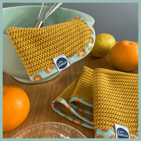 Küchentuch handmade aus Strickstoff mit Leoband von hey.lumico